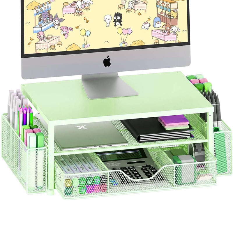 OPNICE Desk Organizers and Accessories, 2-Tier Computer Monitor Stand Riser with Drawer and 2 Pen Holders, Laptop Stand, Office Desk Accessories for Office Supplies, Green - Image 1