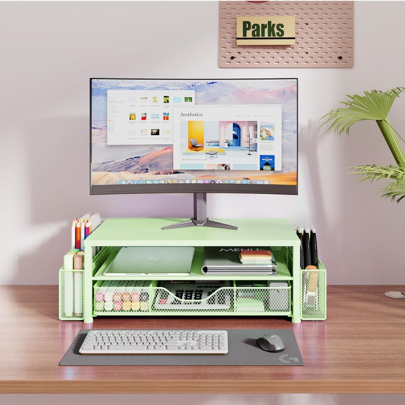 OPNICE Desk Organizers and Accessories, 2-Tier Computer Monitor Stand Riser with Drawer and 2 Pen Holders, Laptop Stand, Office Desk Accessories for Office Supplies, Green - Image 2