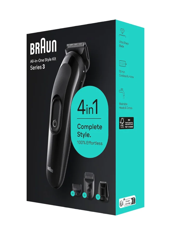 براون 4-In1 Kit For Beard And Hair With 50-Min Runtime, Ultra-Sharp Blade, Washable Heads And Combs, Black – Sk 3400