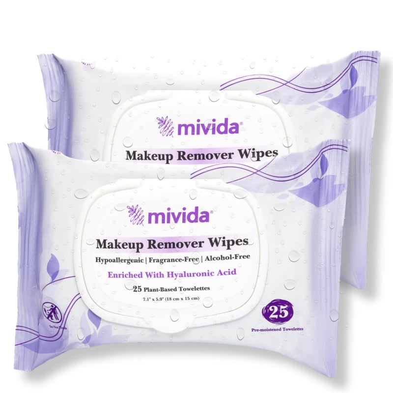 mivida Hypoallergenic Makeup Remover Wipes With Hyaluronic Acid, Alcohol Free & Fragrance Free Makeup Wipes For Sensitive Skin, Plant Based Make Up Remover, Travel Friendly 2 Ã— 25 Count - Image 1