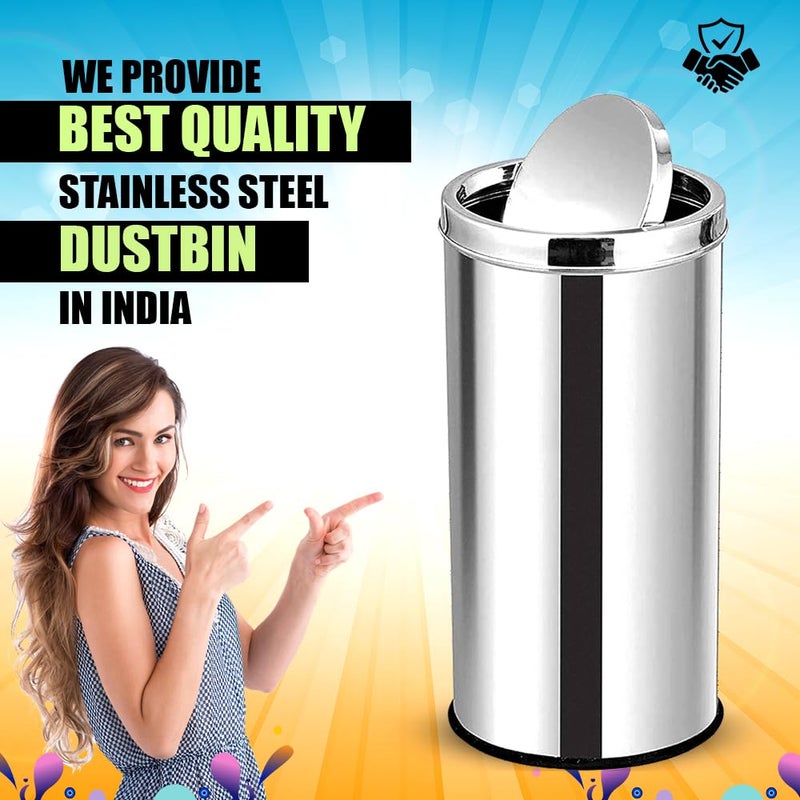 mofna Stainless Steel Swing Type Dustbin Swing Bin Trashcan Garbage Bin For Kitchen Home Office 10x24 Inch Silver - Image 5