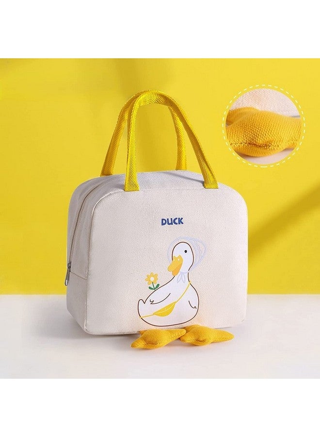 House of Quirk Insulated Reusable Lunch Bag Tote Bag for Women Printed Lunch Bag for School Picnic Office Outdoor Gym (Beige Cute Duck) (Oxford cloth+ Thermal Insulation Material) - Image 2