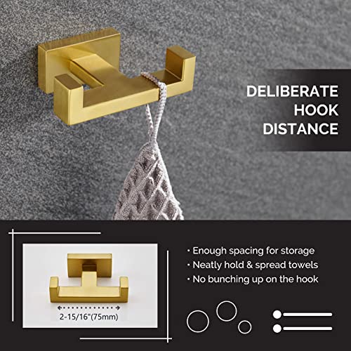 Angle Simple Towel Hook for Bathroom, SUS 304 Stainless Steel Hand Towel Holder, Double Robe Coat Hook for Wall, Brushed Gold - Image 3