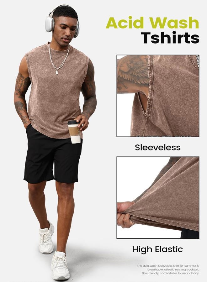 Yimoon Mens Cotton Workout Tank Tops Sleeveless Acid Wash Tshirts Cut Off Muscle Shirts Loose Fit Running Gym Tees, Black+grey+khaki, L - Image 4