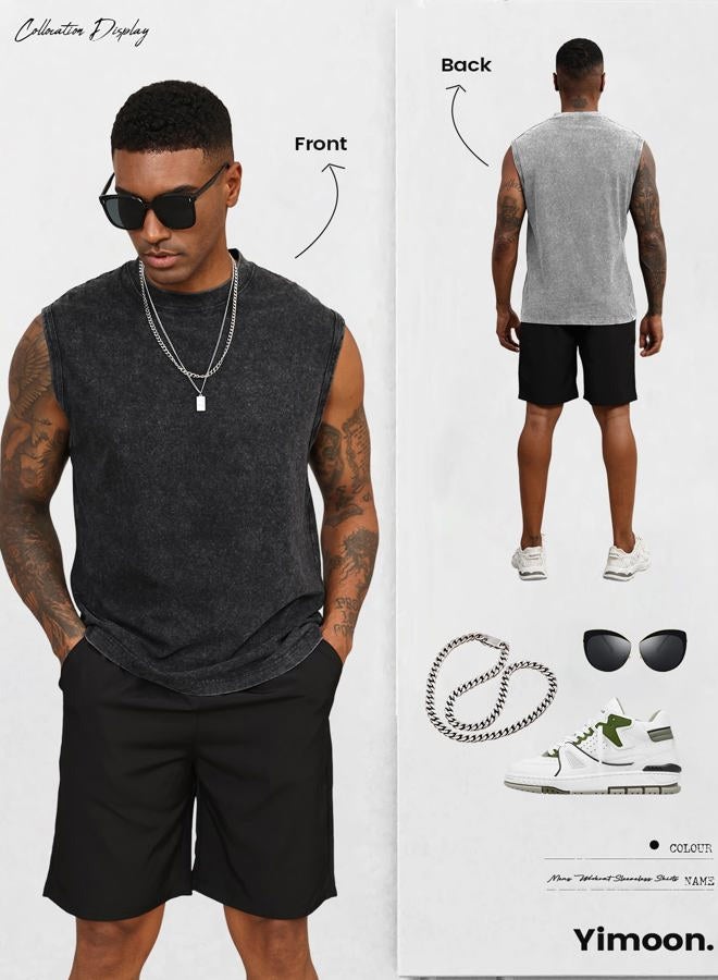 Yimoon Mens Cotton Workout Tank Tops Sleeveless Acid Wash Tshirts Cut Off Muscle Shirts Loose Fit Running Gym Tees, Black+grey+khaki, L - Image 5