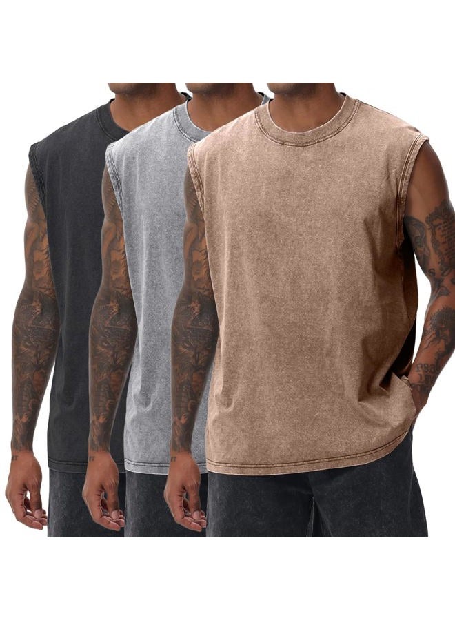 Yimoon Mens Cotton Workout Tank Tops Sleeveless Acid Wash Tshirts Cut Off Muscle Shirts Loose Fit Running Gym Tees, Black+grey+khaki, L - Image 1