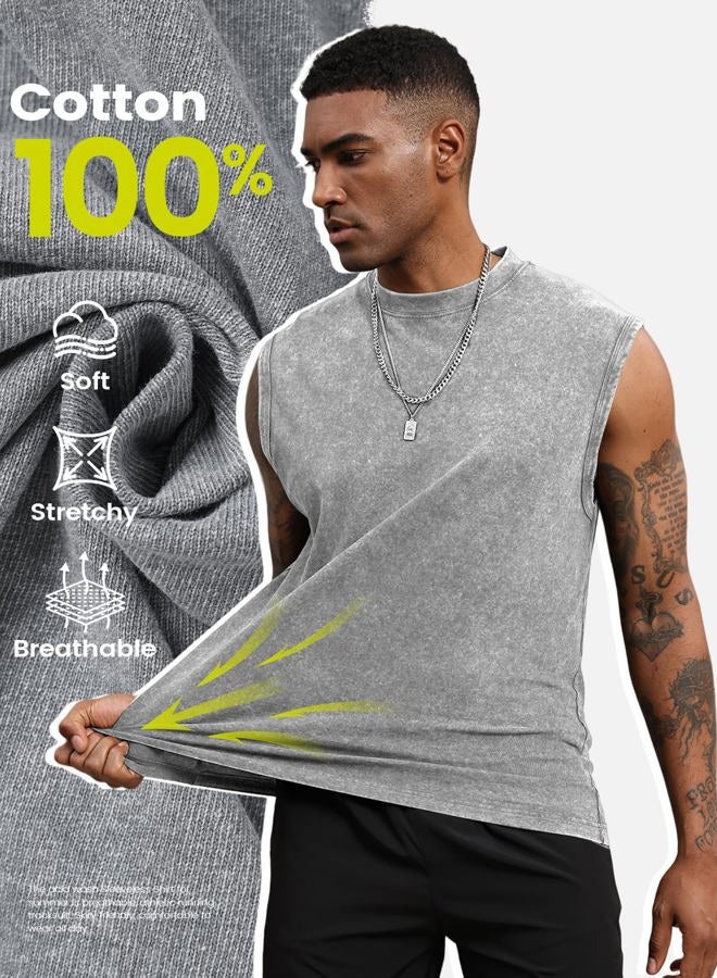 Yimoon Mens Cotton Workout Tank Tops Sleeveless Acid Wash Tshirts Cut Off Muscle Shirts Loose Fit Running Gym Tees, Black+grey+khaki, L - Image 3