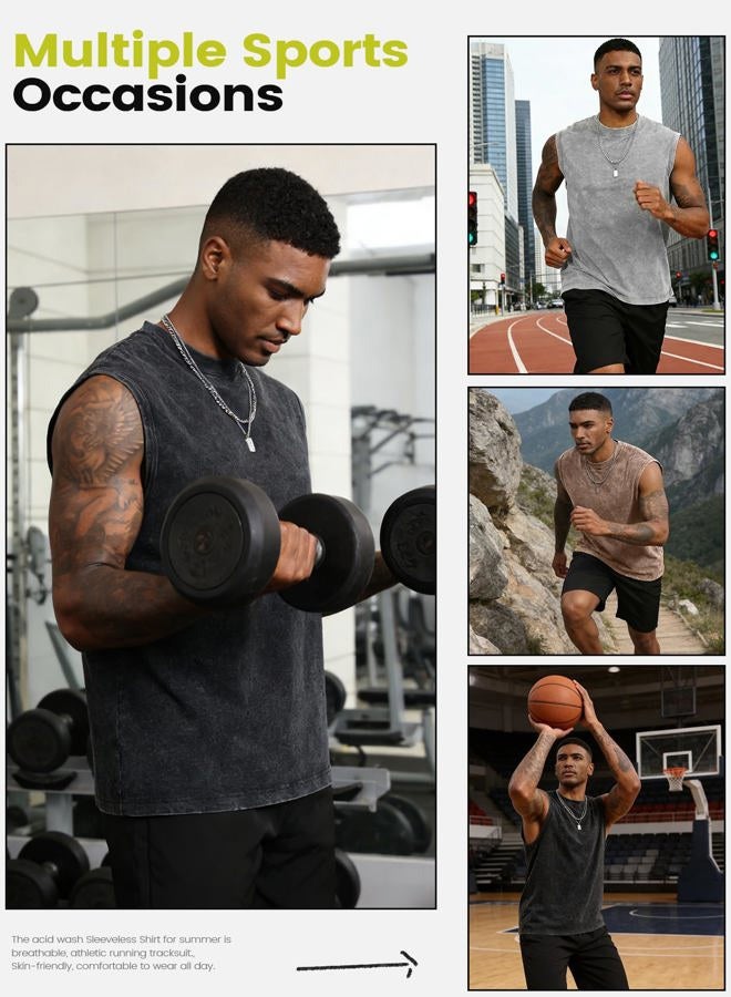 Yimoon Mens Cotton Workout Tank Tops Sleeveless Acid Wash Tshirts Cut Off Muscle Shirts Loose Fit Running Gym Tees, Black+grey+khaki, L - Image 2