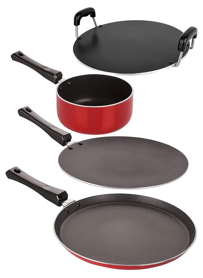 Nirlon Non-Stick Aluminium 4 Piece Gas Compatible PFOA Free Cookware Essential Set, Red and Black - Image 1