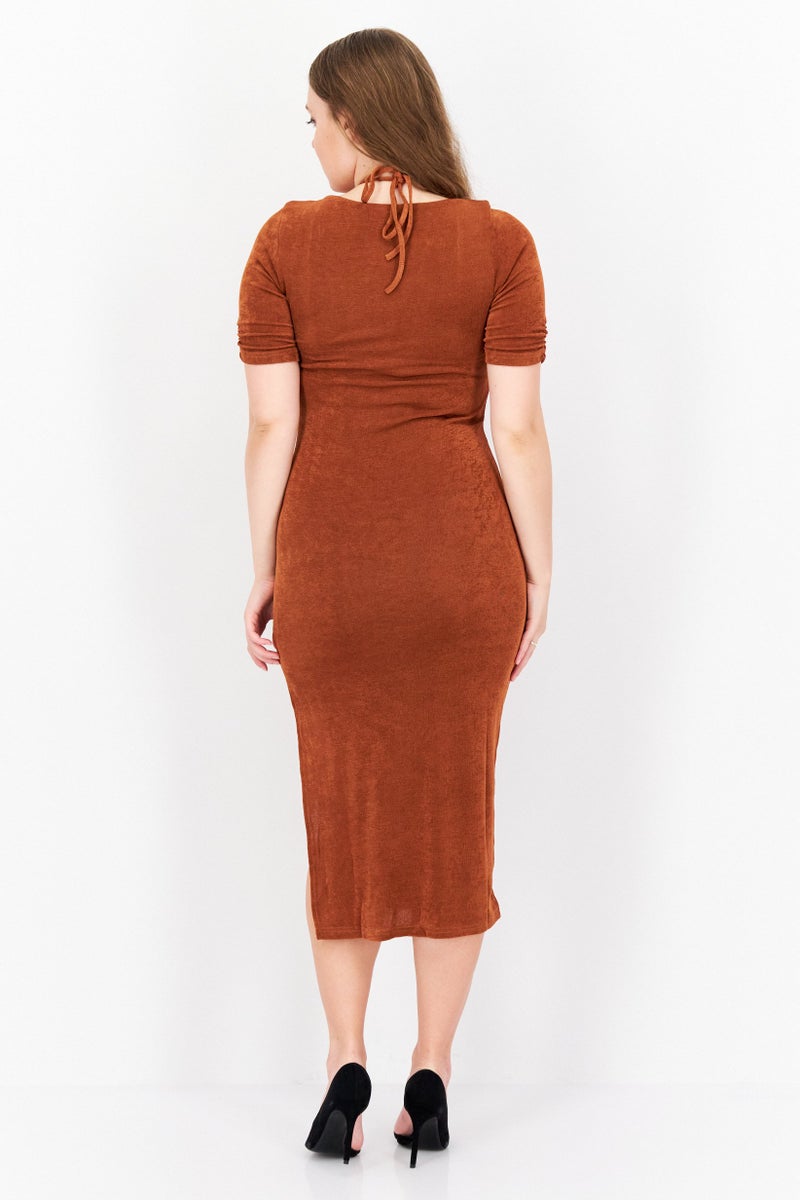 Endless Blu Women Plain Midi Dress, Brown - Image 4