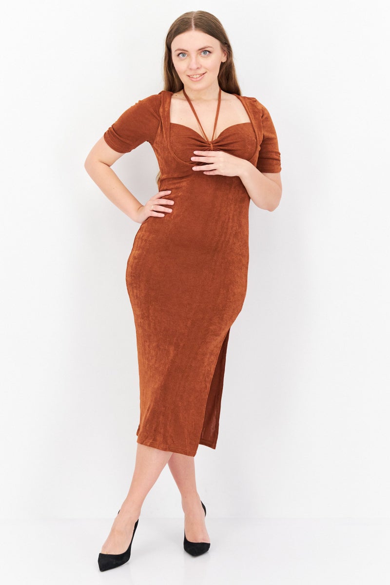 Endless Blu Women Plain Midi Dress, Brown - Image 1