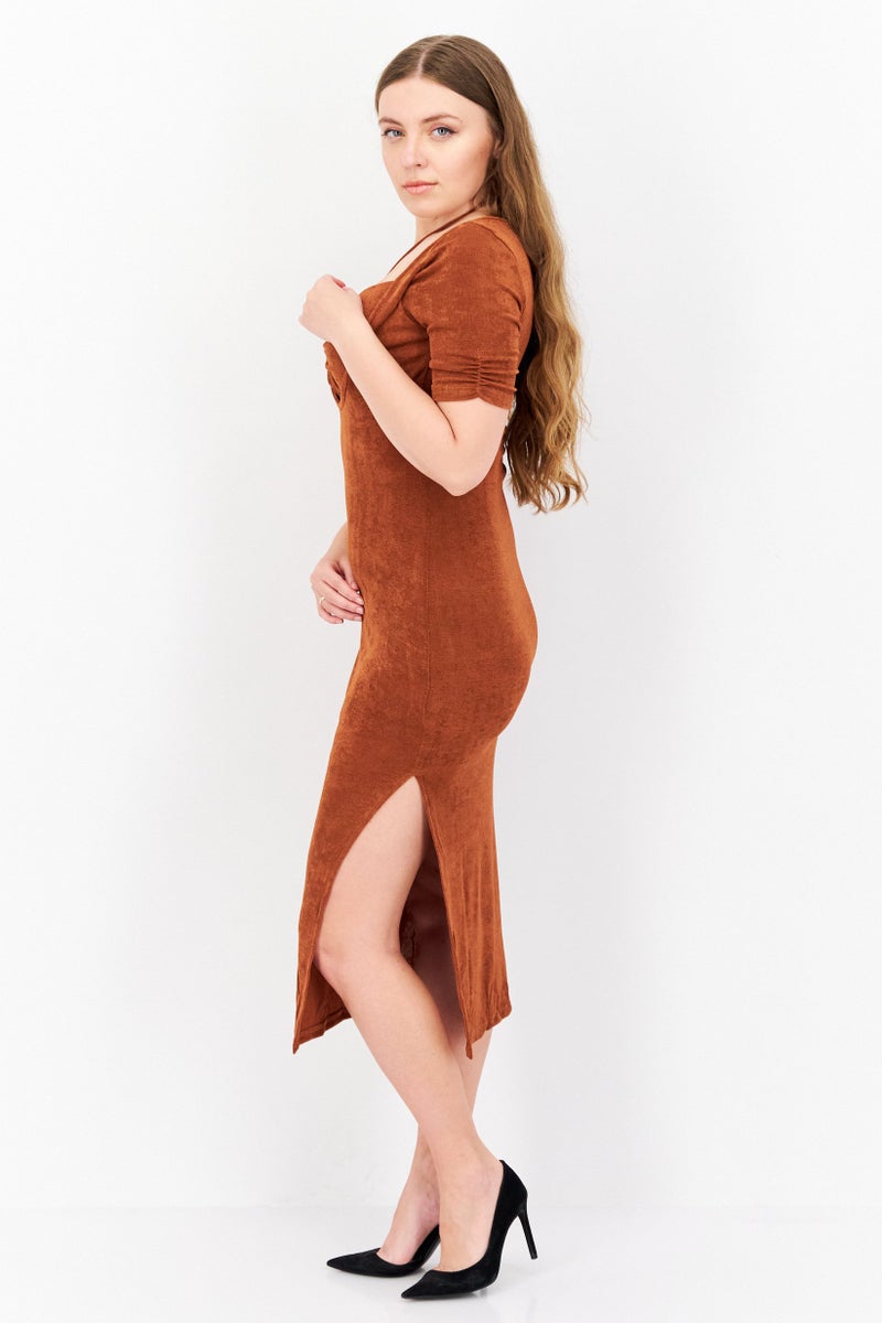 Endless Blu Women Plain Midi Dress, Brown - Image 2