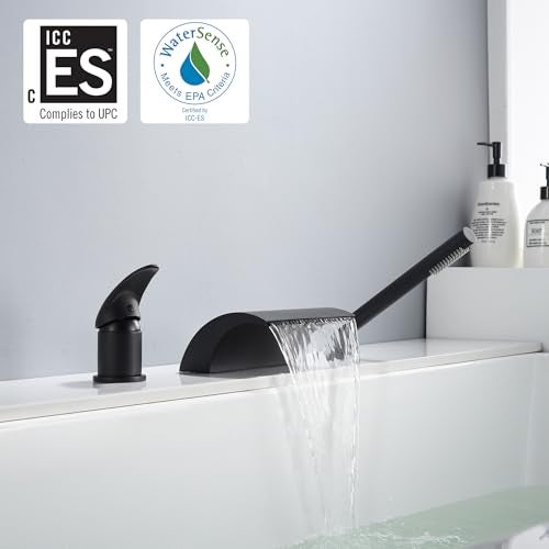 sumerain Black Roman Tub Faucet with Hand Shower High Flow Waterfall Spout with Diverter - Image 2