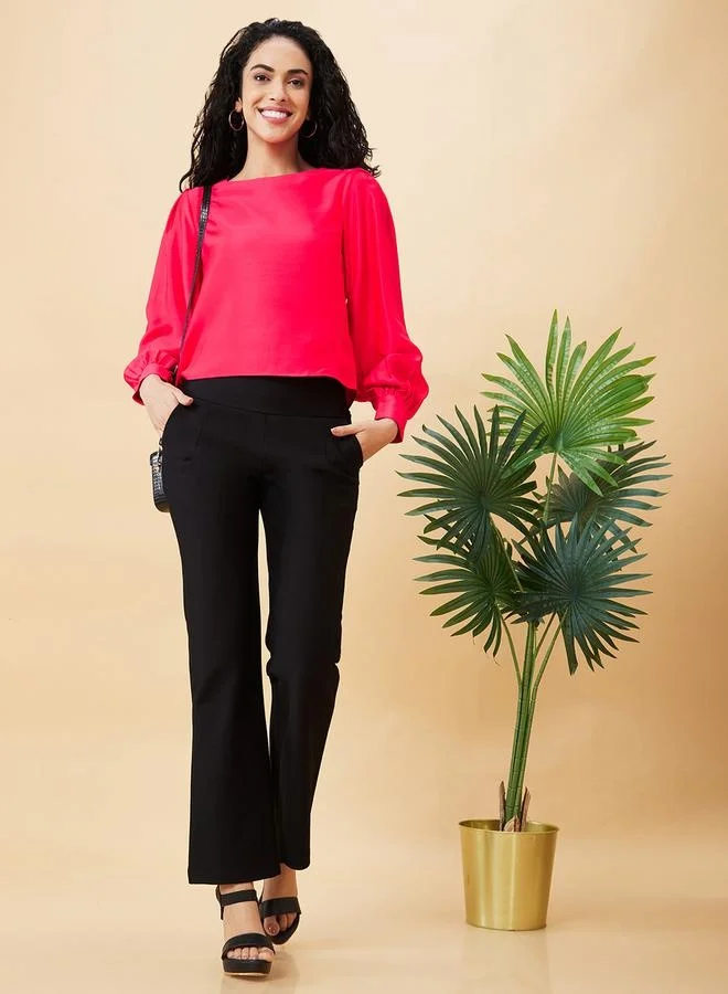 globus Globus Solid Round Neck Balloon Sleeve Top