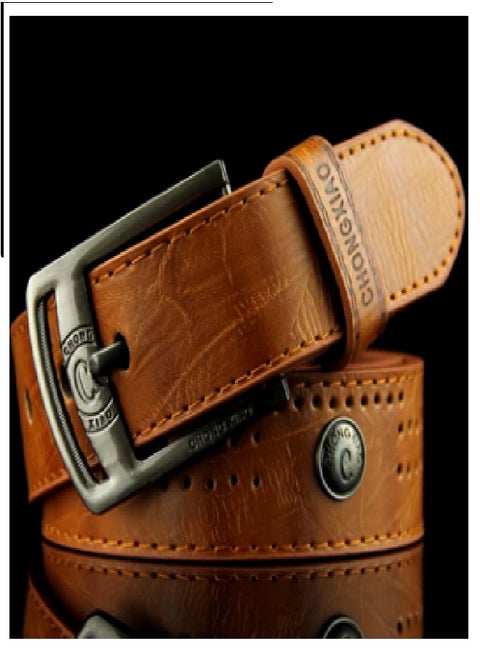 An elegant men's belt made of 100% genuine leather, durable and of high quality, with a buckle made of high-quality metal that is resistant to rust and cracks and does not change color.