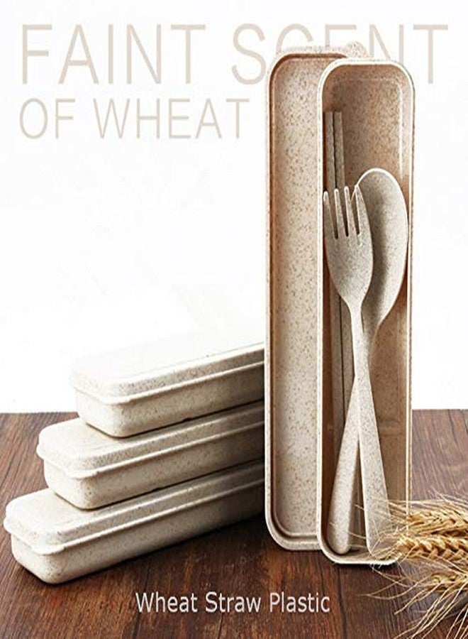 Efillooc Wheat Straw Tableware Set of Fork Spoon Chopsticks with Box Multicolor - Image 2