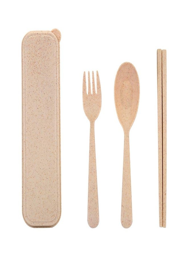Efillooc Wheat Straw Tableware Set of Fork Spoon Chopsticks with Box Multicolor - Image 1