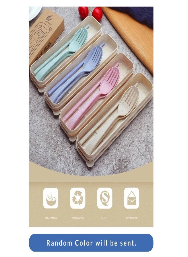 Efillooc Wheat Straw Tableware Set of Fork Spoon Chopsticks with Box Multicolor - Image 4
