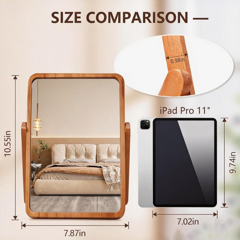 ZOROSY Desk Makeup Mirrors with Wood - Rectangle Wall-Mounted Mirrors Table Mirrors for Living Room Bedroom Birthday Gifts (10.5" L x 7.8" W) - Image 2
