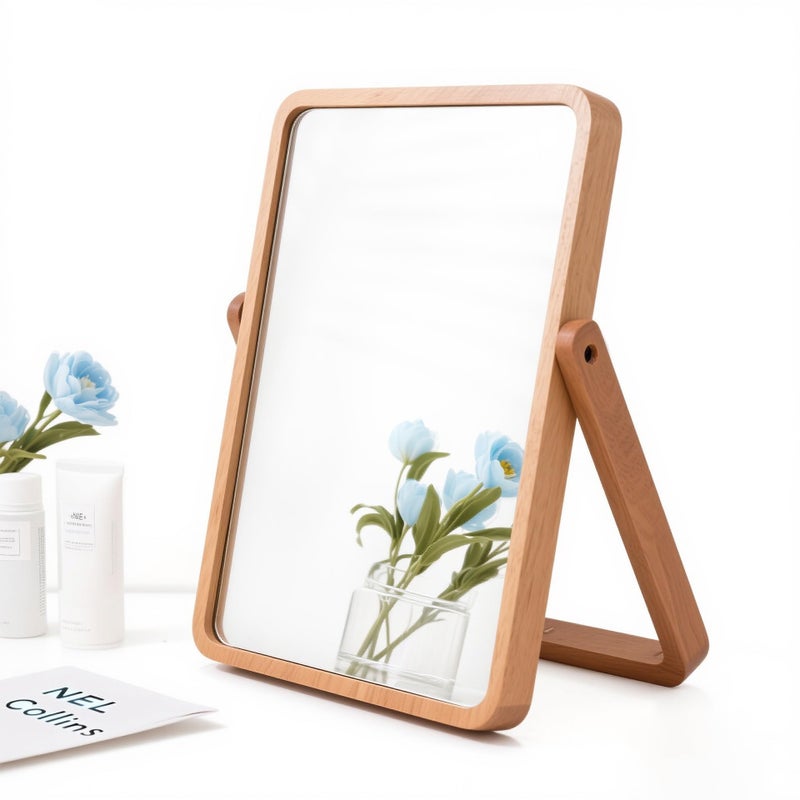 ZOROSY Desk Makeup Mirrors with Wood - Rectangle Wall-Mounted Mirrors Table Mirrors for Living Room Bedroom Birthday Gifts (10.5" L x 7.8" W) - Image 1