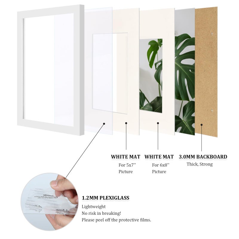 Egofine 8x12 إطارات الصورة مجموعة بيضاء من 4 مصنوعة من خشب صلبة مغطاة بملفات زجاجية مملوءة بـ 5 × 7/6x8 أو 8x12 بدون حصيرة لتصاعد الجدول والجدار - Image 4