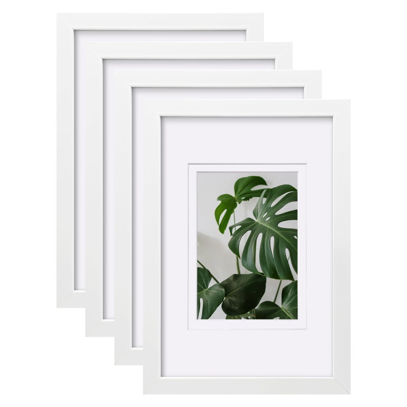 Egofine 8x12 إطارات الصورة مجموعة بيضاء من 4 مصنوعة من خشب صلبة مغطاة بملفات زجاجية مملوءة بـ 5 × 7/6x8 أو 8x12 بدون حصيرة لتصاعد الجدول والجدار - Image 1