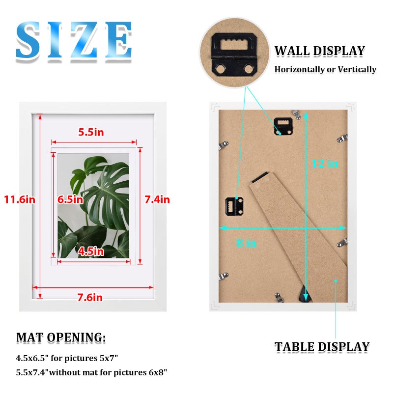 Egofine 8x12 إطارات الصورة مجموعة بيضاء من 4 مصنوعة من خشب صلبة مغطاة بملفات زجاجية مملوءة بـ 5 × 7/6x8 أو 8x12 بدون حصيرة لتصاعد الجدول والجدار - Image 3