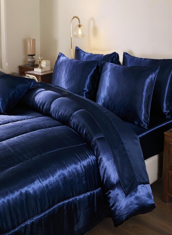 Bedding_Dreamer طقم لحاف حريري أزرق من Bedding_Dreamer مع طقم ملاءات، مقاس كوين، 8 قطع، طقم لحاف حريري فاخر، طقم لحاف حريري فاخر مع غطاء وسادة واحد (مقاس كوين، أزرق داكن) - Image 3