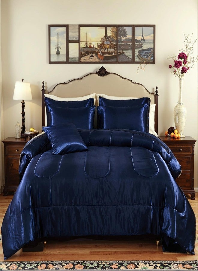 Bedding_Dreamer طقم لحاف حريري أزرق من Bedding_Dreamer مع طقم ملاءات، مقاس كوين، 8 قطع، طقم لحاف حريري فاخر، طقم لحاف حريري فاخر مع غطاء وسادة واحد (مقاس كوين، أزرق داكن) - Image 1