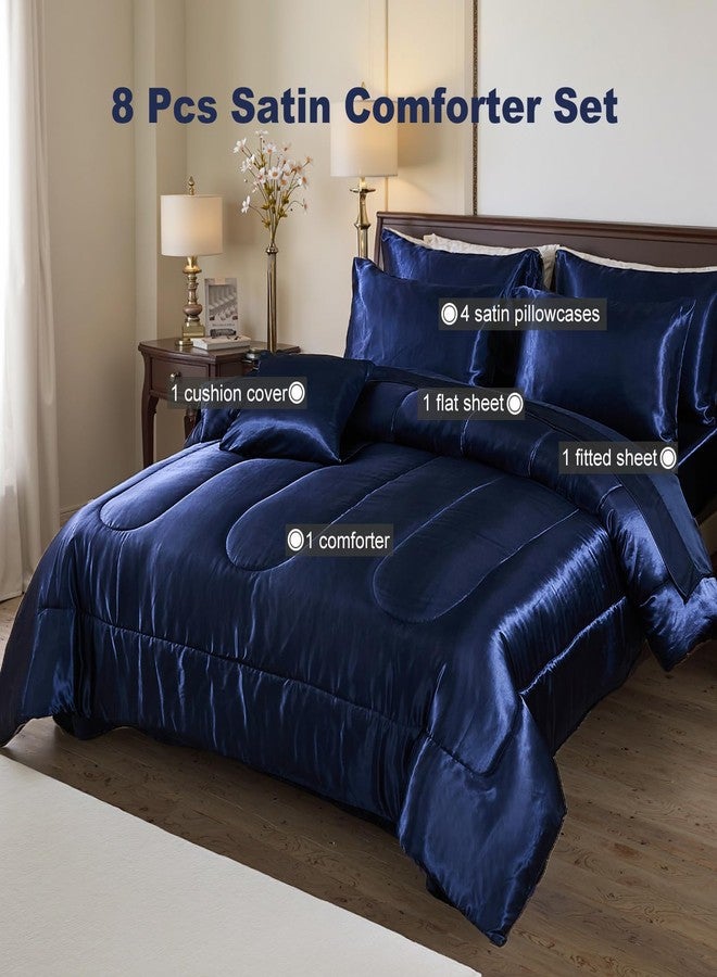 Bedding_Dreamer طقم لحاف حريري أزرق من Bedding_Dreamer مع طقم ملاءات، مقاس كوين، 8 قطع، طقم لحاف حريري فاخر، طقم لحاف حريري فاخر مع غطاء وسادة واحد (مقاس كوين، أزرق داكن) - Image 2