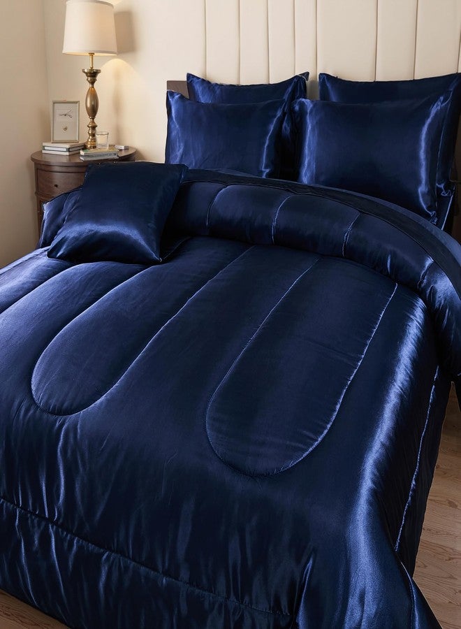 Bedding_Dreamer طقم لحاف حريري أزرق من Bedding_Dreamer مع طقم ملاءات، مقاس كوين، 8 قطع، طقم لحاف حريري فاخر، طقم لحاف حريري فاخر مع غطاء وسادة واحد (مقاس كوين، أزرق داكن) - Image 4