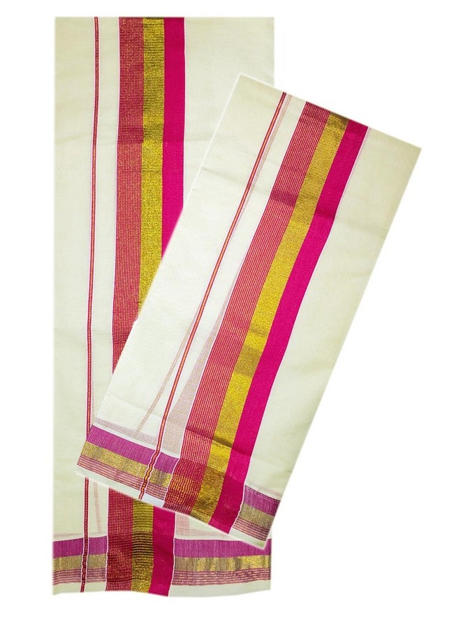 YETTALAN® Women's Kerala Traditional Cotton Set Mundu Cream Color with Fancy Border (PINK) - Image 2