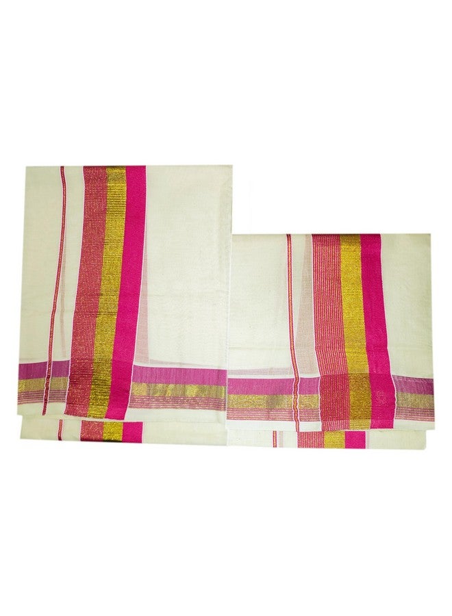YETTALAN® Women's Kerala Traditional Cotton Set Mundu Cream Color with Fancy Border (PINK) - Image 5