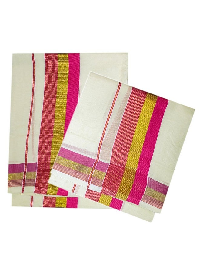 YETTALAN® Women's Kerala Traditional Cotton Set Mundu Cream Color with Fancy Border (PINK) - Image 3