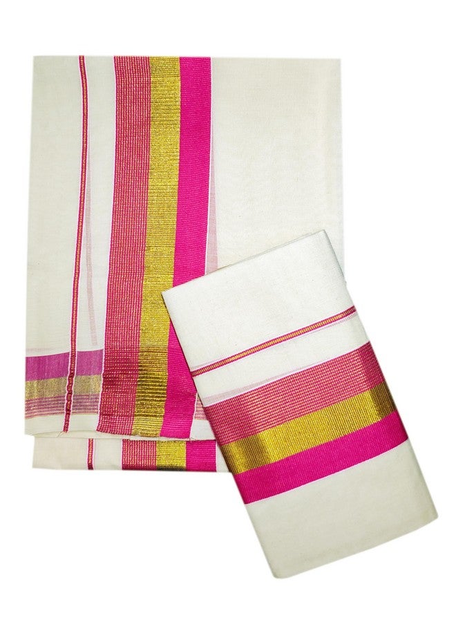 YETTALAN® Women's Kerala Traditional Cotton Set Mundu Cream Color with Fancy Border (PINK) - Image 1