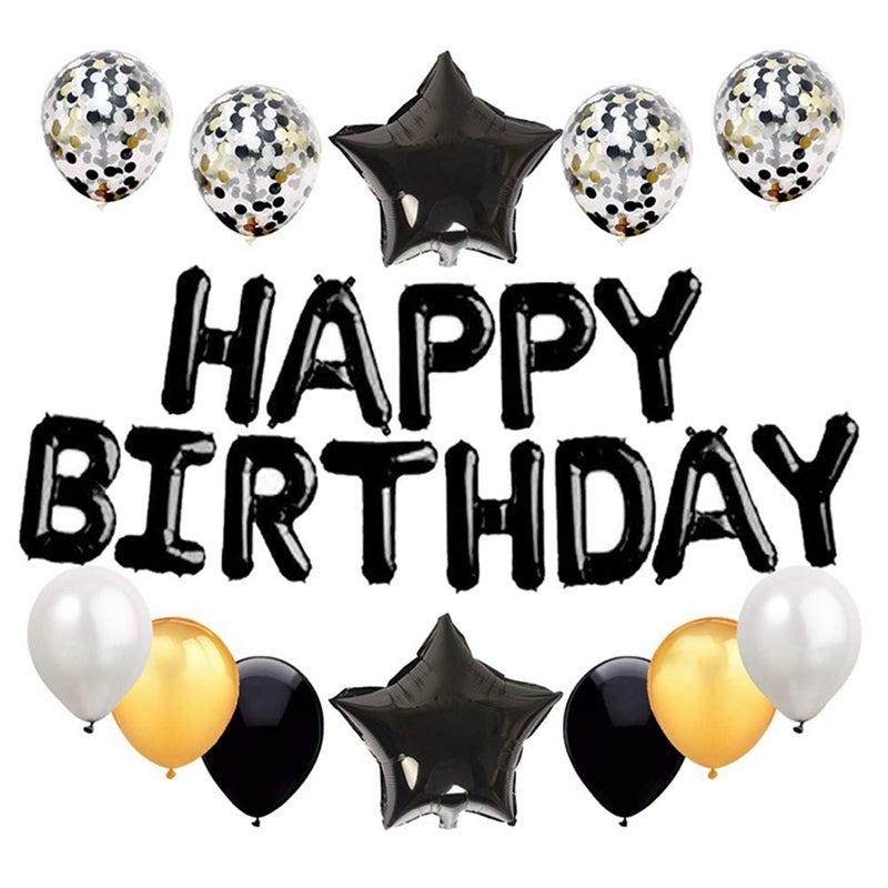 Haimimall Black Happy Birthday Sign Banner Balloons Birthday Party Decorations Black 13pcs Letters Balloons 2pcs Giant Star Foil Balloons 4pcs Confetti Balloons 10pcs Latex Balloons - Image 1