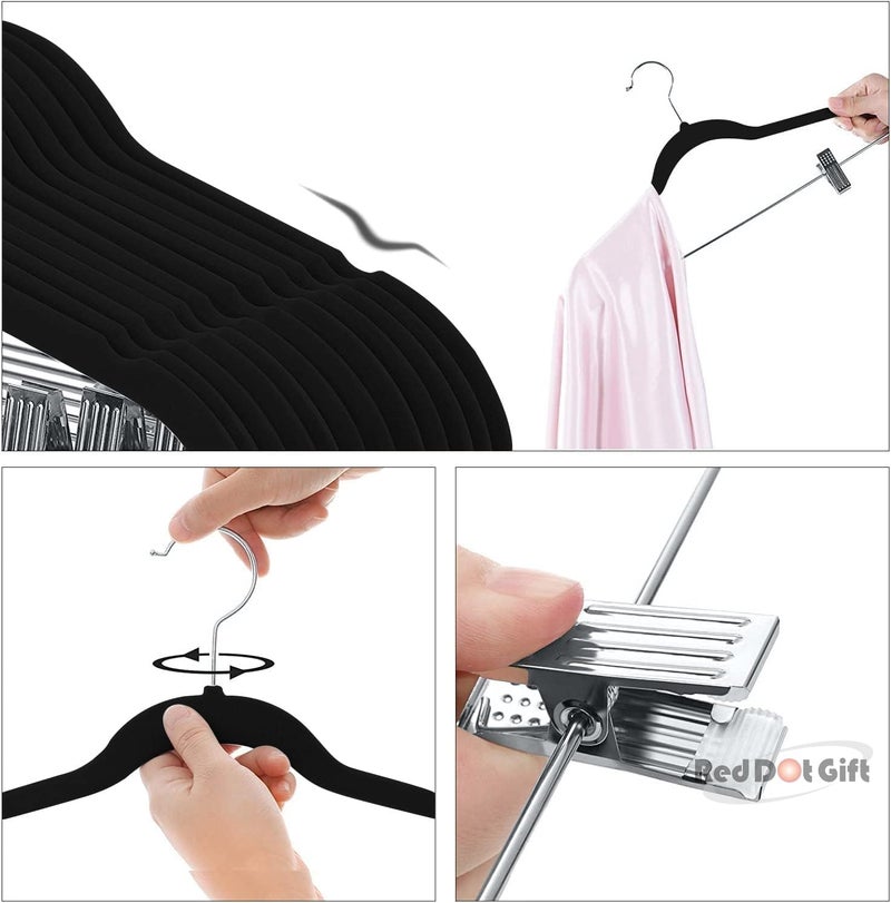 Red Dot Gift ®10-Pack Black Non-Slip Velvet Hangers with Clip 42.5cm/16.8 Inch- 360 Degree Rotatable Hook - Durable & Slim - Non Slip Hangers for Coat Hangers - Pant Hangers… - Image 4