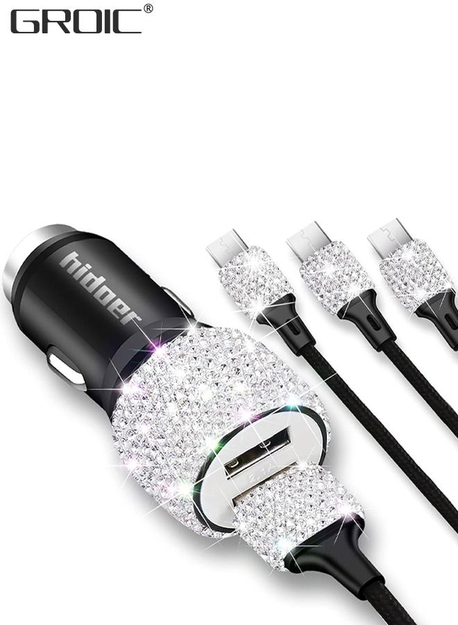 GROIC Bling USB Car Charger, 3-in-1 Multi Charging Cable 1M, 2.1A Crystal Decoration Dual Port Fast Adapter for iPhone Type C Android, Interior Accessories  - Image 1