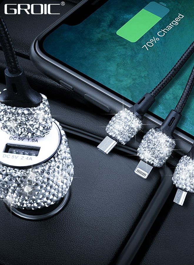 GROIC Bling USB Car Charger, 3-in-1 Multi Charging Cable 1M, 2.1A Crystal Decoration Dual Port Fast Adapter for iPhone Type C Android, Interior Accessories  - Image 5