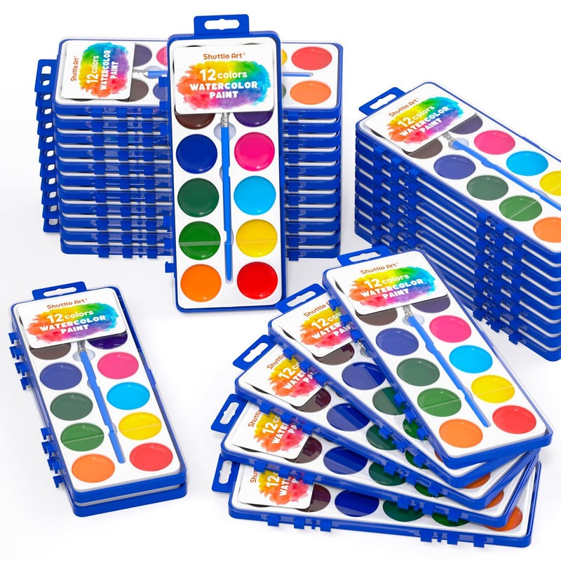 Shuttle Art 30 Pack Watercolor Paint Set Bulk, 12 Colors Watercolor Paint Set bulk with Paint Brushes for Kids and Adults, Washable Paint for Classroom, Parties, Kindergarten and Art Activities - Image 1