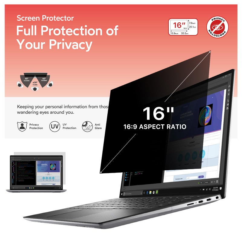 bersem 16 inch Laptop Privacy Screen for 16:9 Ratio Computer Monitor, Anti-Glare, Blue Light Filter, Removable, UV-Blocking, 1 Pack - Image 1