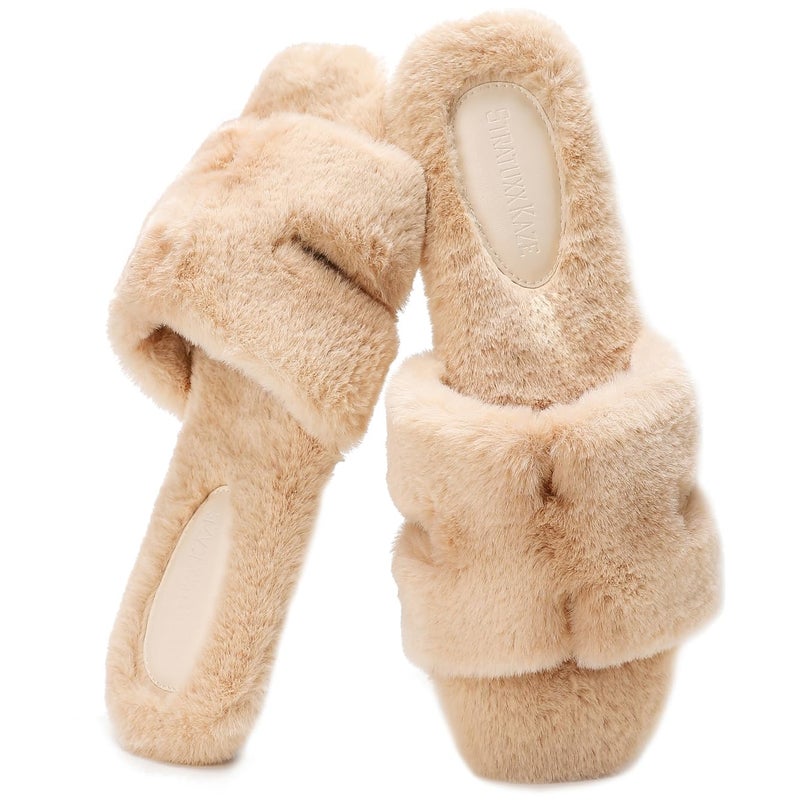Stratuxx Kaze Womens Fur Slippers Comfy House Slides Sandals Open Toe Memory Foam Indoor Fluffy Slippers for Women Birthday Gift for Mom - Image 1