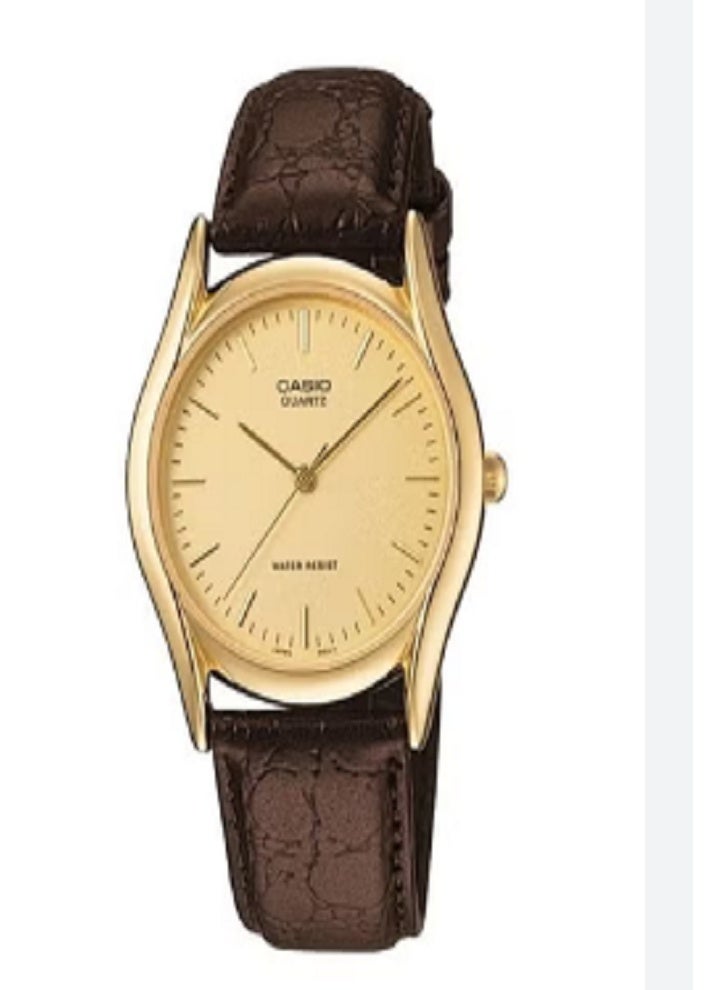 ساعة كاسيو LTP-1094Q-9ARDF النسائية التناظرية | هيكل من الفولاذ المقاوم للصدأ ذهبي اللون | سوار من الجلد الأصلي بني اللون | ميناء بلون الشمبانيا | آلية حركة كوارتز | مقاومة للماء