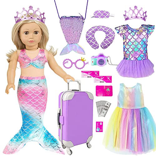 ibayda Mermaid 18 inch Doll Clothes and Doll Accessories Case Luggage Travel Play Set Include Suitcase, Dresses, Bag, Camera, Glasses, Pillow, Eyeshade Etc (No Doll) - Image 1