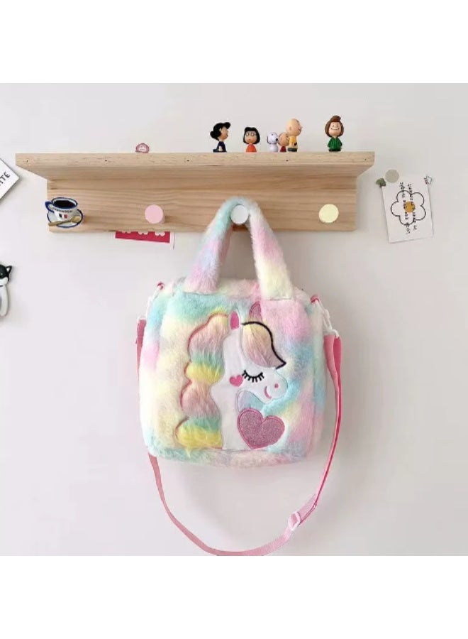 MissTiara Pastel Rainbow Plush Unicorn Heart Crossbody & Handheld Bag