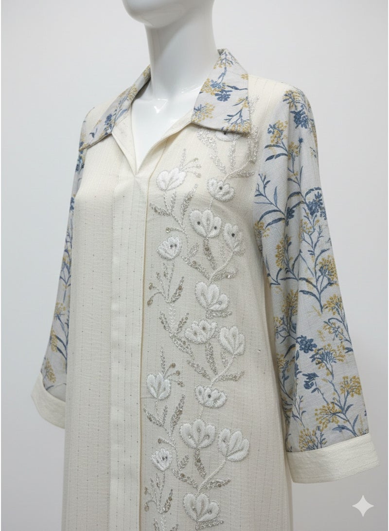 Kuwaiti Jalabiya dress with blue flower design - Image 2