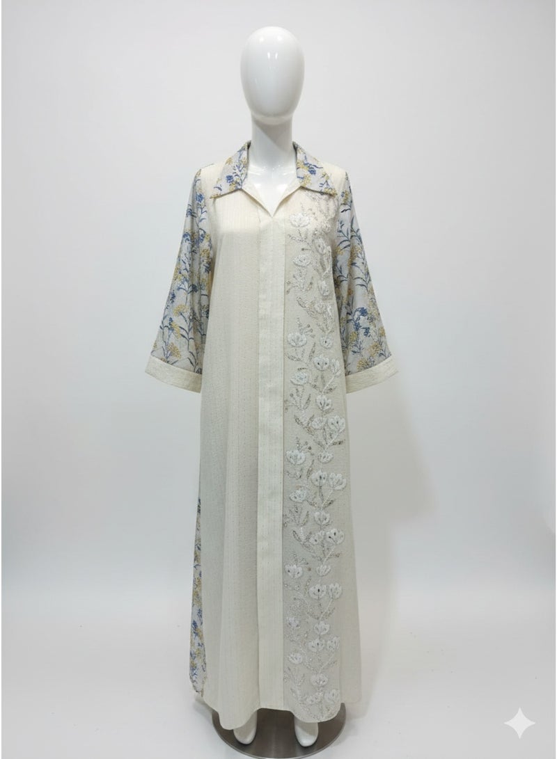 Kuwaiti Jalabiya dress with blue flower design - Image 3