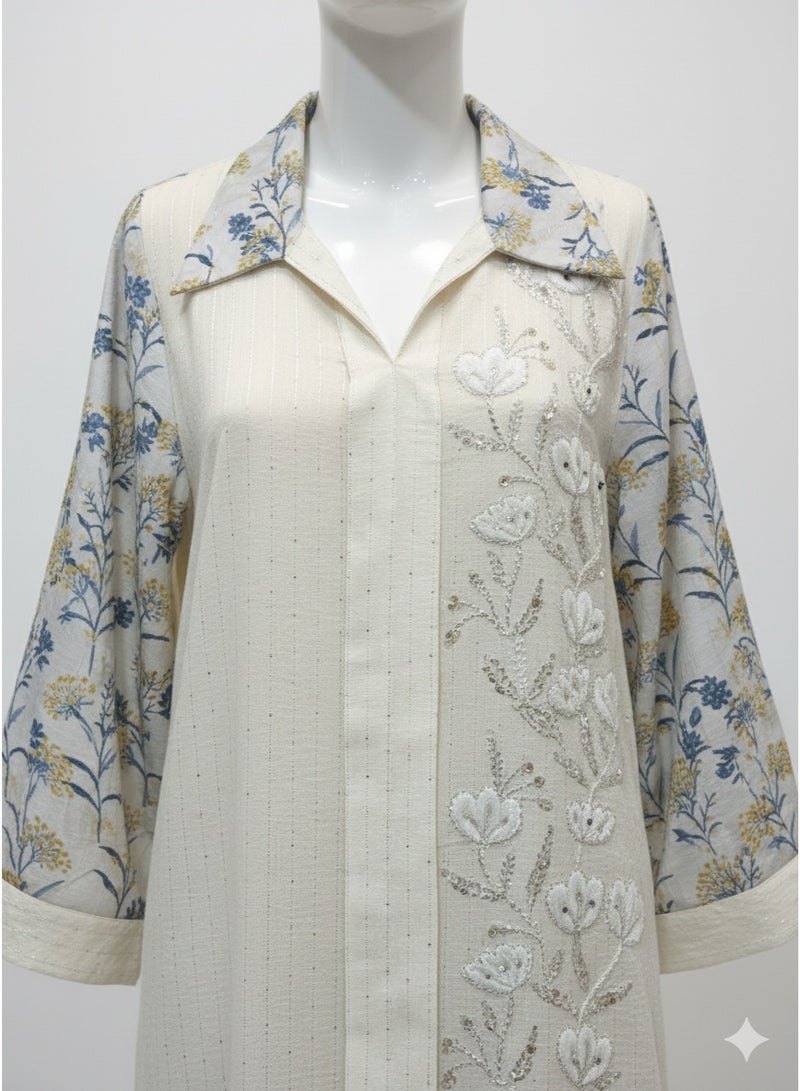 Kuwaiti Jalabiya dress with blue flower design - Image 1