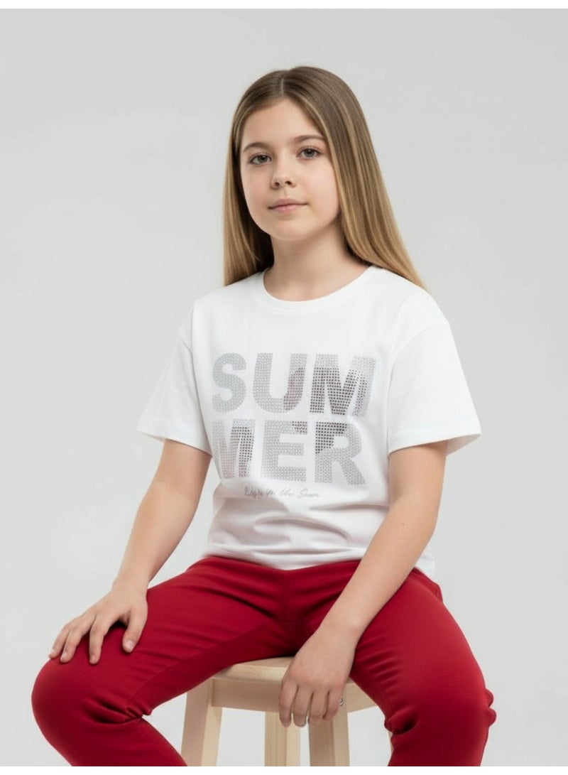 victor and jane Girls 2 Pc Set “Summer Days” Top & Pants Set – White & Red - Image 2