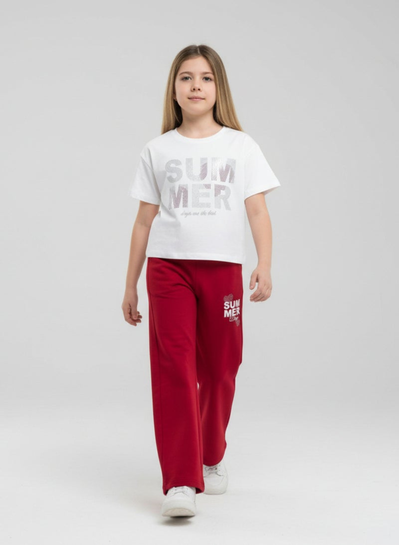 victor and jane Girls 2 Pc Set “Summer Days” Top & Pants Set – White & Red - Image 1